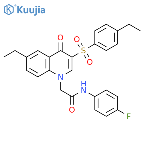 2-6-ethyl-3-(4-ethylbenzenesulfonyl)-4-oxo-1,4-dihydroquinolin-1-yl-N-(4-fluorophenyl)acetamide structure