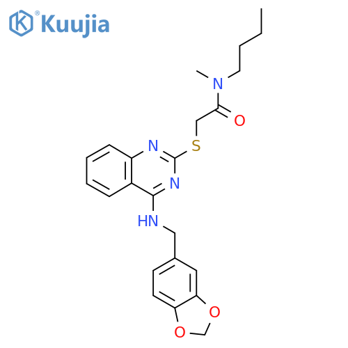 2-(4-{(2H-1,3-benzodioxol-5-yl)methylamino}quinazolin-2-yl)sulfanyl-N-butyl-N-methylacetamide structure