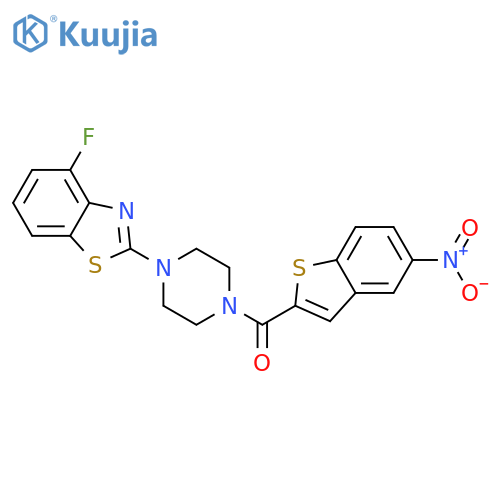 4-fluoro-2-4-(5-nitro-1-benzothiophene-2-carbonyl)piperazin-1-yl-1,3-benzothiazole structure