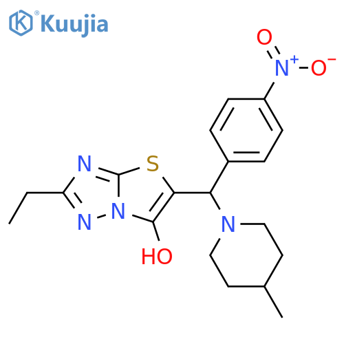 2-ethyl-5-(4-methylpiperidin-1-yl)(4-nitrophenyl)methyl-1,2,4triazolo3,2-b1,3thiazol-6-ol structure