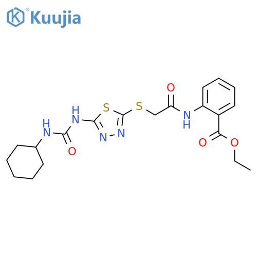 ethyl 2-2-({5-(cyclohexylcarbamoyl)amino-1,3,4-thiadiazol-2-yl}sulfanyl)acetamidobenzoate structure
