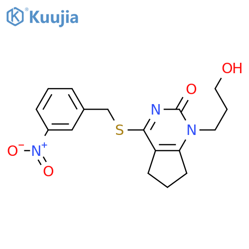 1-(3-hydroxypropyl)-4-{(3-nitrophenyl)methylsulfanyl}-1H,2H,5H,6H,7H-cyclopentadpyrimidin-2-one structure