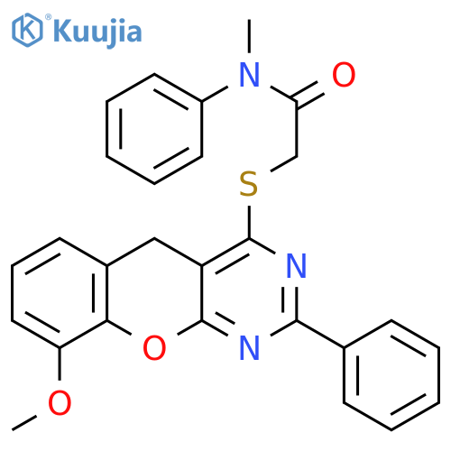 2-({9-methoxy-2-phenyl-5H-chromeno2,3-dpyrimidin-4-yl}sulfanyl)-N-methyl-N-phenylacetamide structure