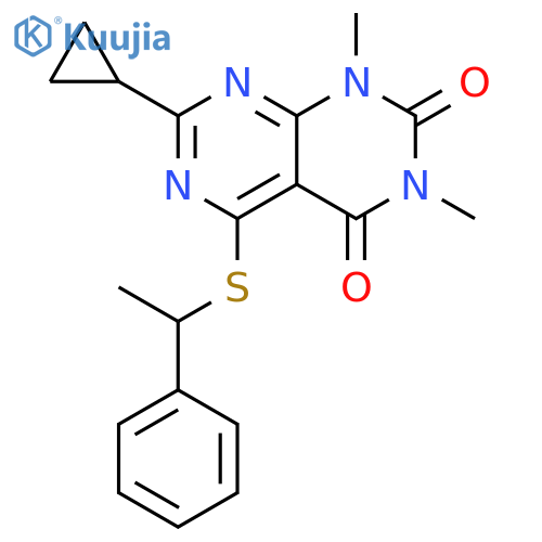 7-cyclopropyl-1,3-dimethyl-5-(1-phenylethyl)sulfanyl-1H,2H,3H,4H-1,3diazino4,5-dpyrimidine-2,4-dione structure