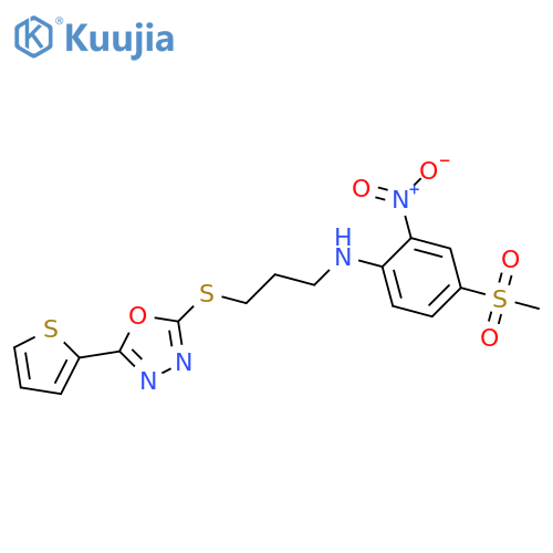 4-methanesulfonyl-2-nitro-N-(3-{5-(thiophen-2-yl)-1,3,4-oxadiazol-2-ylsulfanyl}propyl)aniline structure