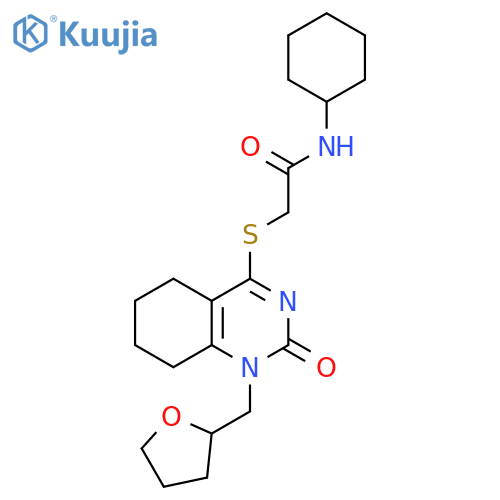N-cyclohexyl-2-({2-oxo-1-(oxolan-2-yl)methyl-1,2,5,6,7,8-hexahydroquinazolin-4-yl}sulfanyl)acetamide structure