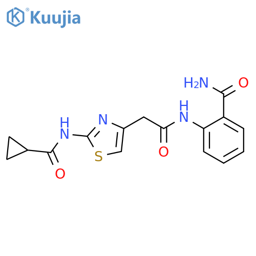 2-2-(2-cyclopropaneamido-1,3-thiazol-4-yl)acetamidobenzamide structure