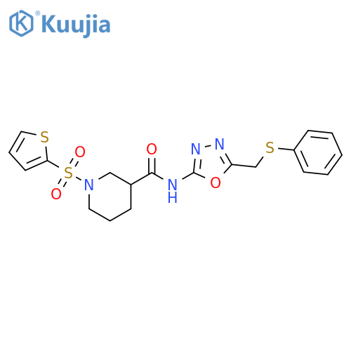 N-{5-(phenylsulfanyl)methyl-1,3,4-oxadiazol-2-yl}-1-(thiophene-2-sulfonyl)piperidine-3-carboxamide structure