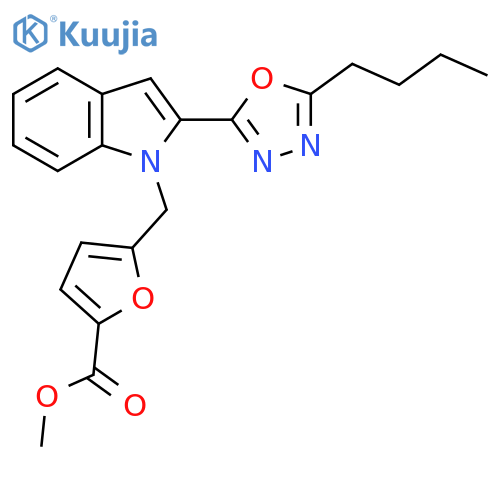 methyl 5-{2-(5-butyl-1,3,4-oxadiazol-2-yl)-1H-indol-1-ylmethyl}furan-2-carboxylate structure