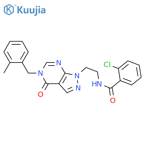 2-chloro-N-(2-{5-(2-methylphenyl)methyl-4-oxo-1H,4H,5H-pyrazolo3,4-dpyrimidin-1-yl}ethyl)benzamide structure