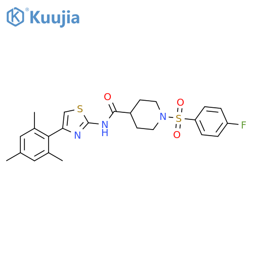 1-(4-fluorobenzenesulfonyl)-N-4-(2,4,6-trimethylphenyl)-1,3-thiazol-2-ylpiperidine-4-carboxamide structure