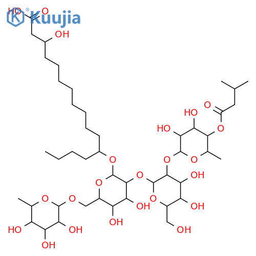 3,12-Dihydroxyhexadecanoic acid; (3S,12S)-form, 12-O-[3-Methylbutanoyl-(→4)-α-L-rhamnopyranosyl-(1→2)-β-D-glucopyranosyl-(1→2)-[α-L-rhamnopyranosyl-(1→6)]-β-D-glucopyranoside] structure
