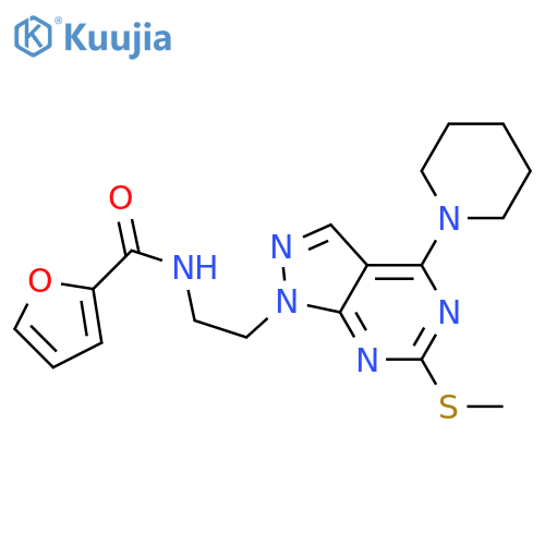 N-{2-6-(methylsulfanyl)-4-(piperidin-1-yl)-1H-pyrazolo3,4-dpyrimidin-1-ylethyl}furan-2-carboxamide structure