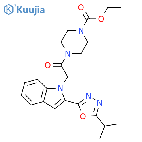 ethyl 4-(2-{2-5-(propan-2-yl)-1,3,4-oxadiazol-2-yl-1H-indol-1-yl}acetyl)piperazine-1-carboxylate structure
