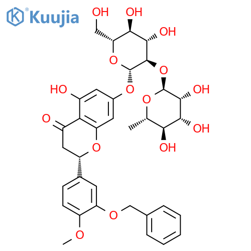 (S)-7-((2-O-(6-Deoxy-alpha-L-mannopyranosyl)-beta-D-glucopyranosyl)oxy)-2,3-dihydro-5-hydroxy-2-(4-methoxy-3-(phenylmethoxy)phenyl)-4H-1-benzopyran-4-one structure
