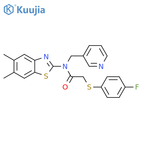 N-(5,6-dimethyl-1,3-benzothiazol-2-yl)-2-(4-fluorophenyl)sulfanyl-N-(pyridin-3-yl)methylacetamide structure