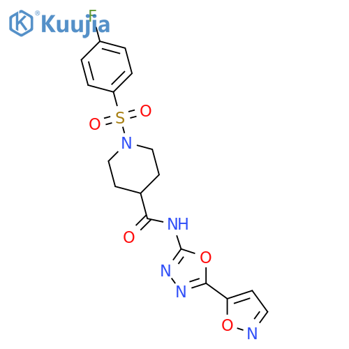 1-(4-fluorobenzenesulfonyl)-N-5-(1,2-oxazol-5-yl)-1,3,4-oxadiazol-2-ylpiperidine-4-carboxamide structure