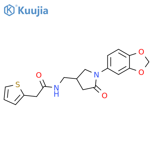 N-{1-(2H-1,3-benzodioxol-5-yl)-5-oxopyrrolidin-3-ylmethyl}-2-(thiophen-2-yl)acetamide structure