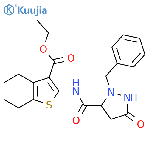 ethyl 2-(2-benzyl-5-oxopyrazolidine-3-amido)-4,5,6,7-tetrahydro-1-benzothiophene-3-carboxylate structure