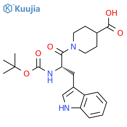 1-[(2S)-2-(tert-butoxycarbonylamino)-3-(1H-indol-3-yl)propanoyl]piperidine-4-carboxylic acid structure